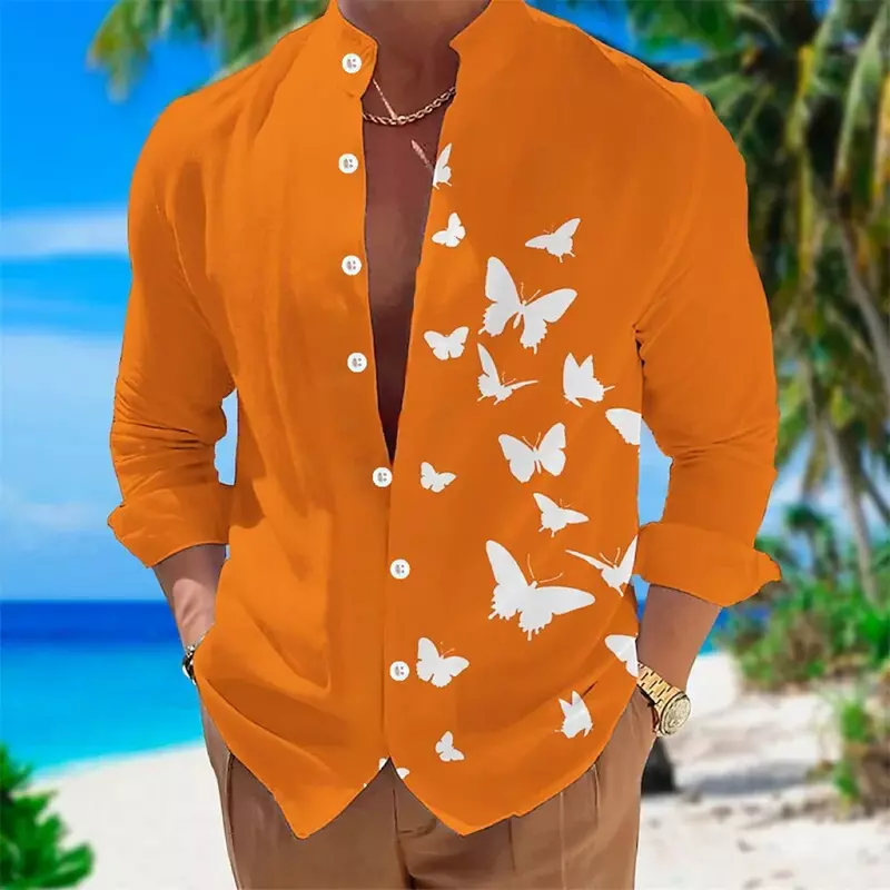 Fashionable men's butterfly 3D printed solid color top Hawaii leisure vacation lapel button long sleeved shirt plus size