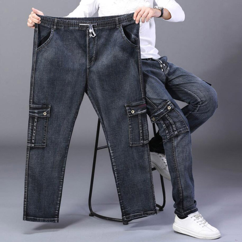 Мужские свободные эластичные джинсы с высокой талией, прямые синие брюки большого размера с эластичным поясом, плюс 150 кг