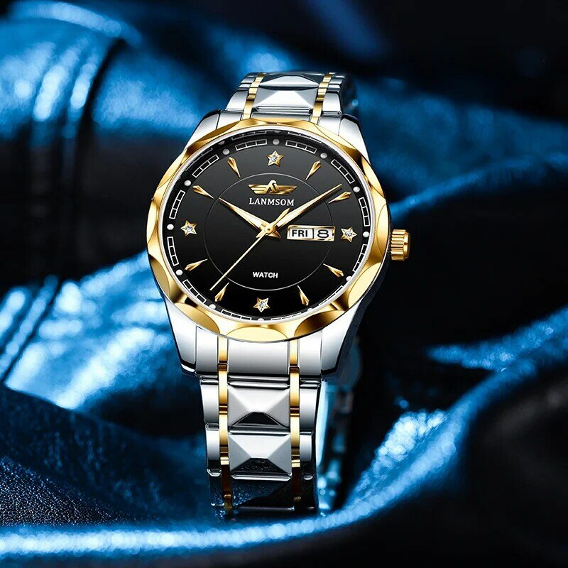 Lanmsom นาฬิกาคลาสสิกแนวโน้มแฟชั่นผู้ชายกันน้ำนาฬิกาเหล็กทังสเตนนาฬิกาคู่ปฏิทินควอทซ์ส่องสว่างของผู้ชาย