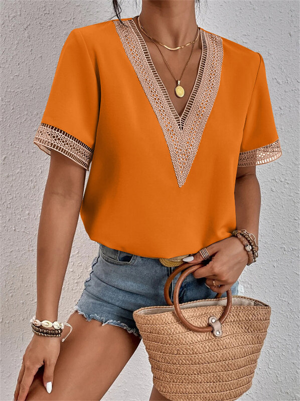 Women V-neck Splicing Lace Blouse Elegant Commuter Loose Short Sleeve Shirt Female 2024 Summer British Style Daily Casual Tops