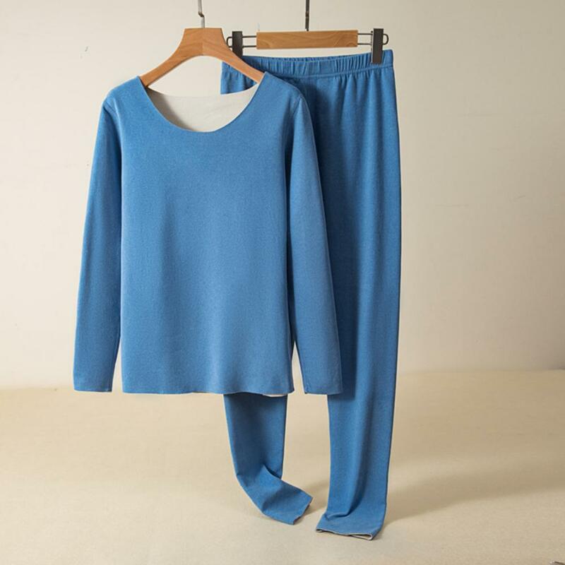 Solid Color Base Layer Shirt Women's Winter Pajamas Set with O Neck Long Sleeve Top Thermal Underwear Trousers Seamless Thick