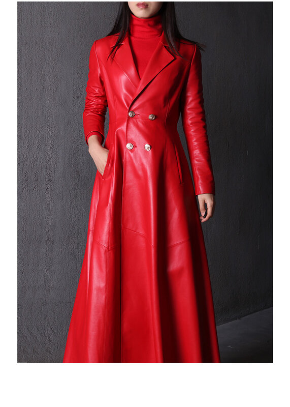 Mantel Trench kulit imitasi hitam rok panjang musim gugur untuk wanita kancing dua baris busana mewah elegan 4xl 5xl 6xl 7x