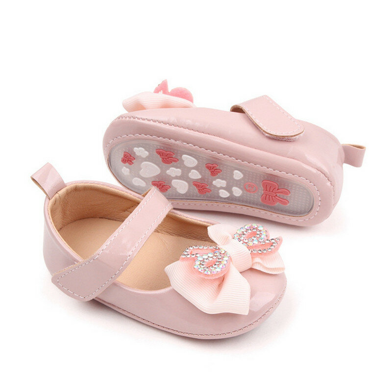Sepatu bayi perempuan, bayi perempuan sepatu putri, kulit PU lembut pita berlian imitasi, anti selip, sepatu jalan pertama, item bayi