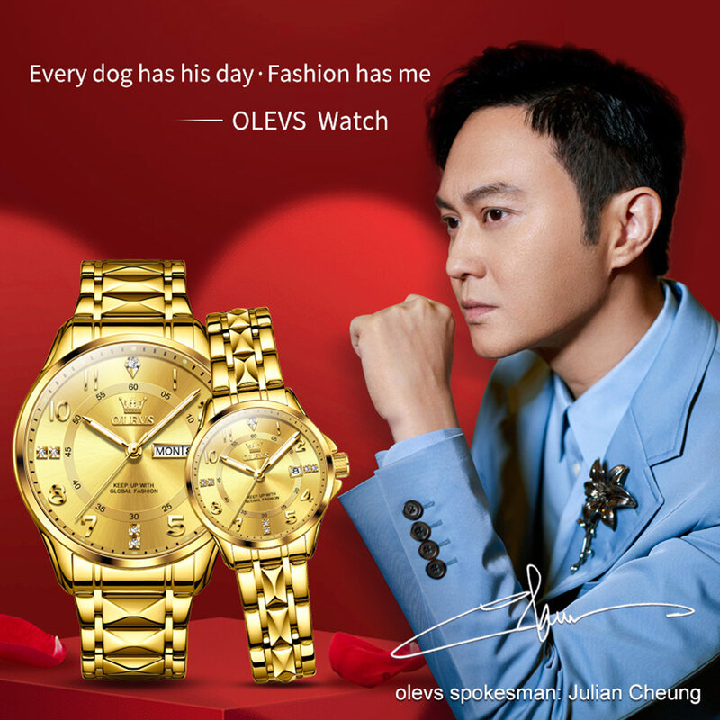 OLEVS Original Couple Watch Gold Stainless Steel Strap Quartz Watch Waterproof Luxury Men's and Women's Watches Romantic Lover