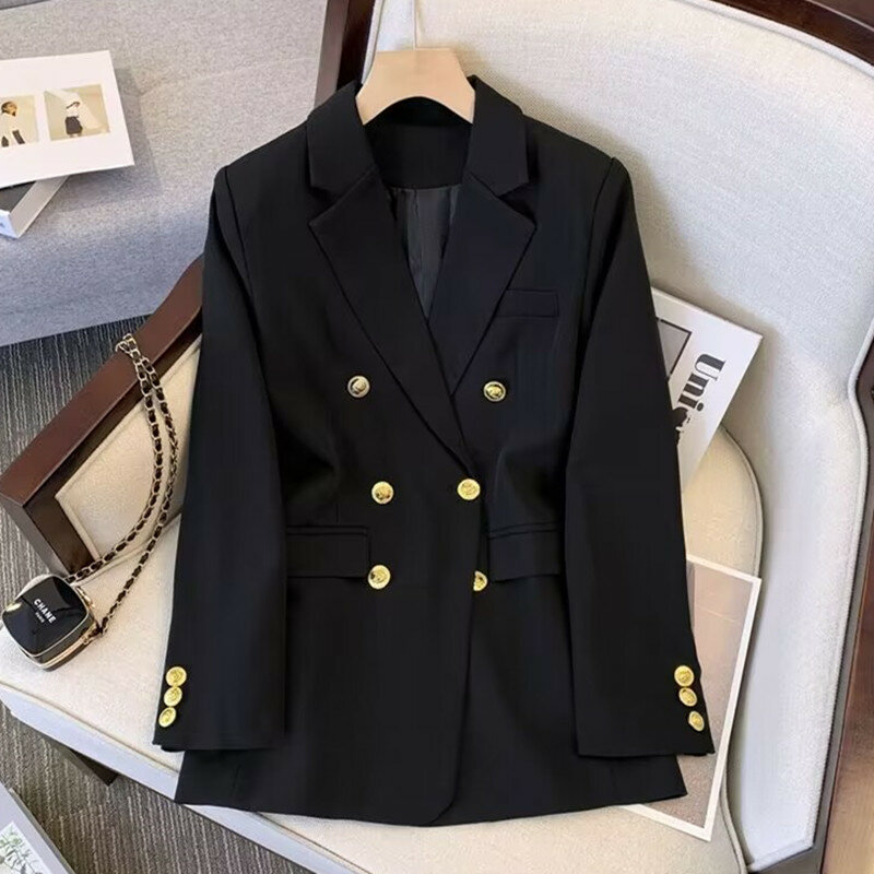 Women's Double Breasted Notched Blazer Jacket Woman Loose Fit Solid Fashion Office Ladies Coat Top Two Pockets Long Sleeve Tops