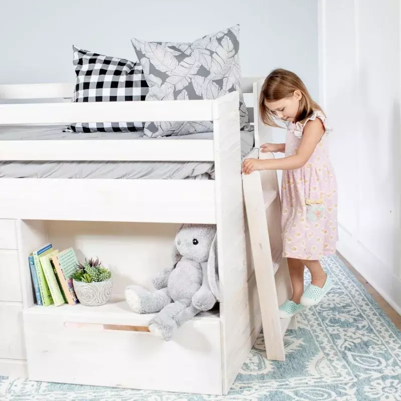 Max & Lily Loft Bed Twin Size, Solid Wood Low Loft Bed with Storage Drawer and Ladder, Modern Farmhouse Loft Bed for Kids, W