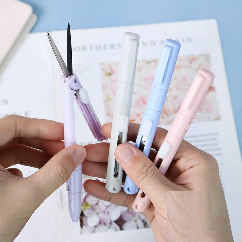 1pc criativo caneta tesoura mini kawaii dobrável utilitário faca papel-corte arte ferramenta escola material de escritório 13*1.5cm