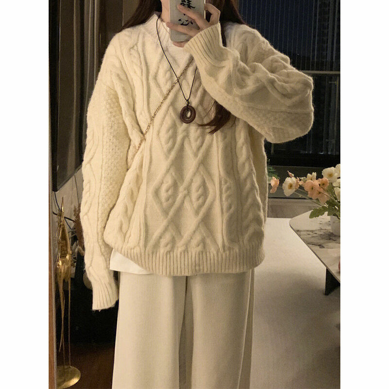 2023 Pullover Wanita Musim Gugur dan Musim Dingin Pakaian Luar Longgar Leher Bulat Atasan Gaya Busana Korea Sweter Rajutan Menebal J06