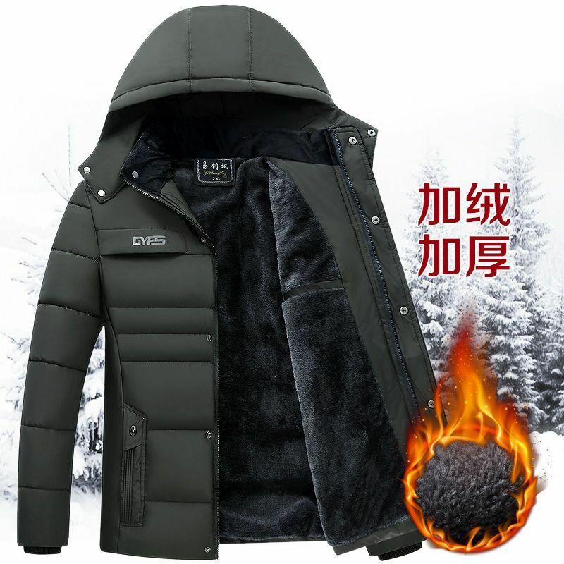 Jaket bertudung untuk pria, jaket tahan angin lapisan mewah empuk katun trendi musim dingin, mantel bertudung tahan dingin untuk pria