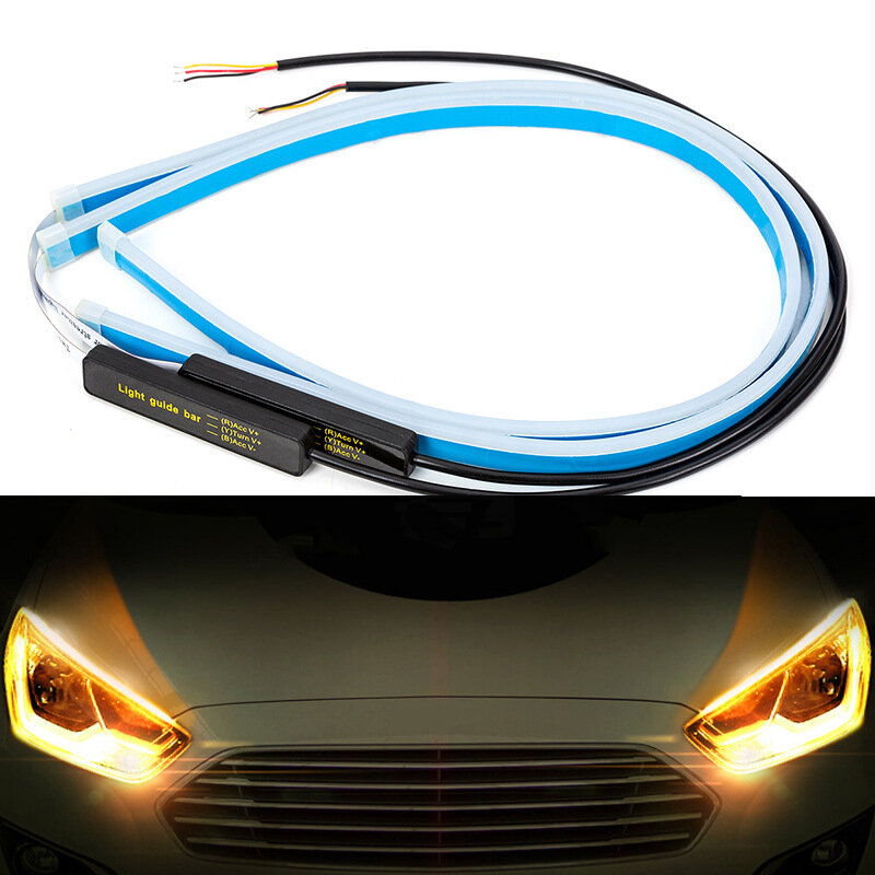 초미세 자동차 LED 주간 주행등, 흰색 방향 지시등, 노란색 가이드 스트립, 자동차 헤드라이트 액세서리, 직송, 1 쌍