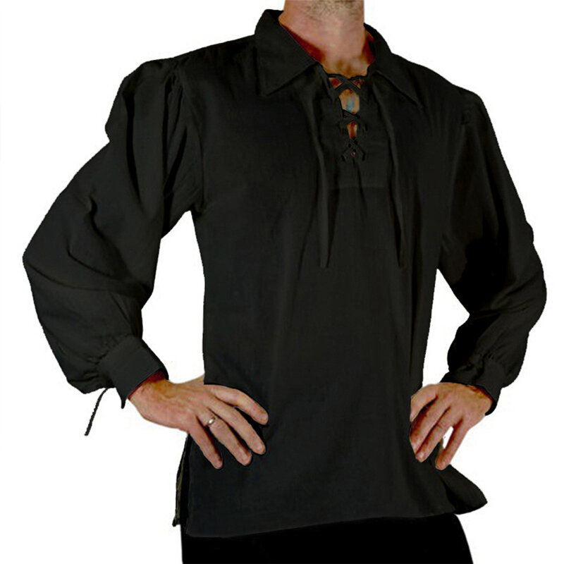 레트로 남성용 캐주얼 라펠 칼라 셔츠 및 블라우스, 중세 빅토리아 고딕 코스튬 긴팔, 레이스업 셔츠, 남성 상의