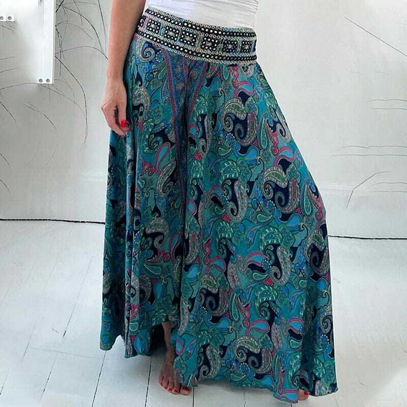 Media falda con estampado étnico de Cachemira para mujer, pantalones ligeros con cintura elástica de retazos, dobladillo suelto, falda informal para vacaciones