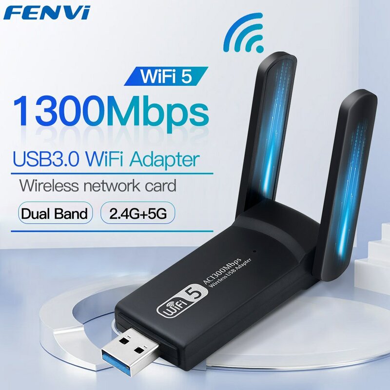 FENVI 듀얼 밴드 3.0 와이파이 어댑터, PC용 무선 와이파이 동글 안테나, USB 이더넷 네트워크 카드 리시버, 1300Mbps, 2.4Ghz, 5Ghz