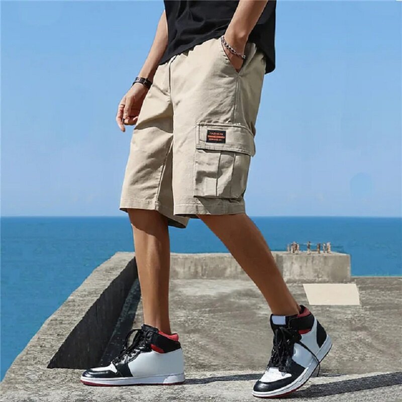 Pantalones Cortos de Carga para Hombre Bermudas a la Rodilla Clásicas Shorts de Verano con Múltiples Bolsillos Talla Grande de Algodón Pantalones Cortos a Media Pierna en Color Caqui y Gris.