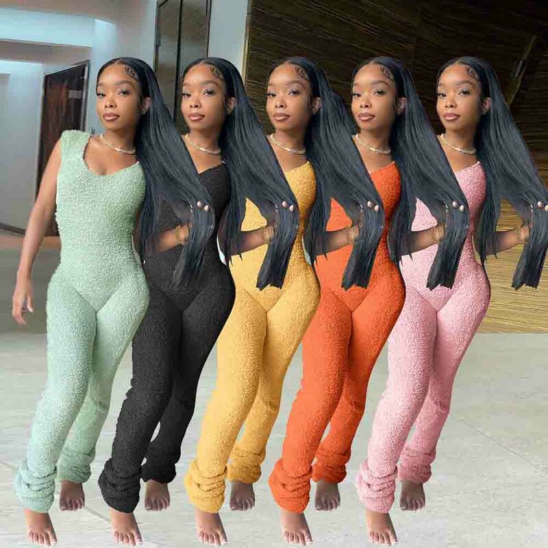 Fur Pleat Jumpsuits 2023 Women Clothes Summer One Piece Skinny Bodycon Fashion Rompers Bodysuits Playsuits Overall Stacked Pant