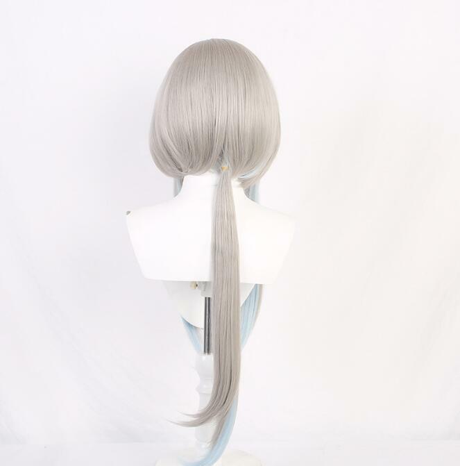 Guizhong 코스프레 가발 섬유 합성 가발 게임 원신 임팩트 코스프레 라이트 그레이 그라데이션 블루 포니테일 긴 머리