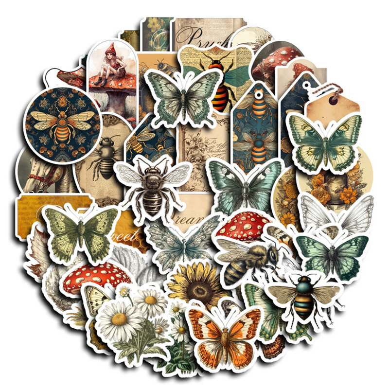 10/30/50 buah stiker dekorasi kartun kupu-kupu hutan antik DIY paket stiker mainan stiker Decal Retro alat tulis Laptop buku tempel