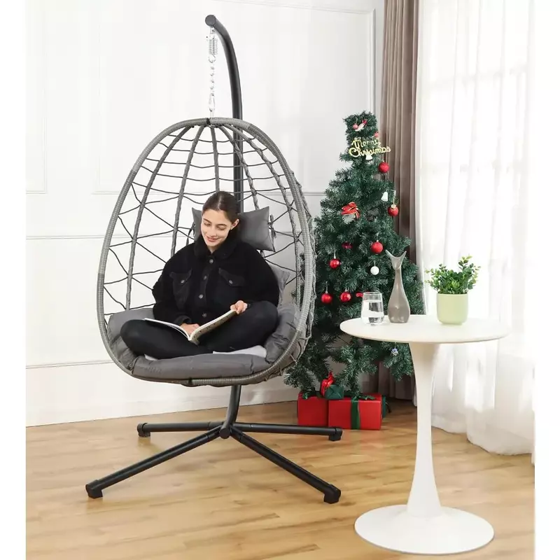 Egg Chair with Stand, Hammock Hanging Chair Nest Basket, UV Resistant Removable & Washable Cushions,350LBS Capacity Egg Chair