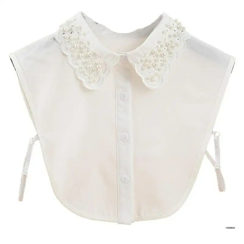 Korean Style Imitation Pearl Beaded Fake Collar for Women Detachable White Dickey Blouse Hollow Out Embroidery Scalloped
