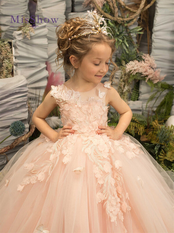 MisShow-3D vestido de dama de honra bordado floral para criança, vestido fofo para casamento, aniversário, princesa, noite, baile, festa, menina, criança