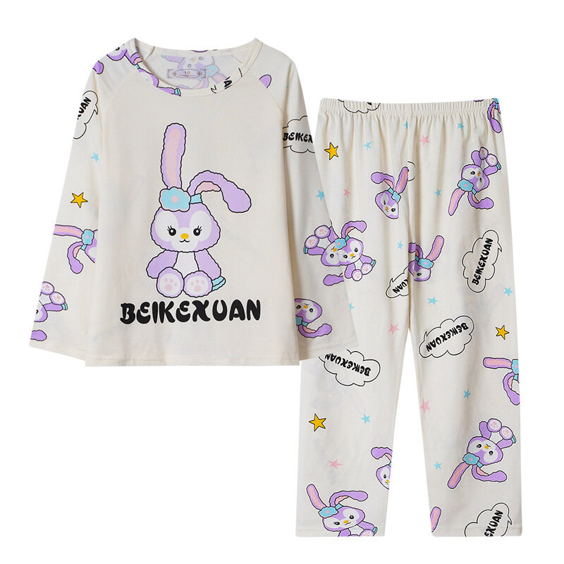 2024 가을 어린이 밀크 실크 잠옷 세트, 귀여운 산리오 애니메이션 시나모롤 쿠로미, 소년 소녀 잠옷, 어린이 홈웨어 의류