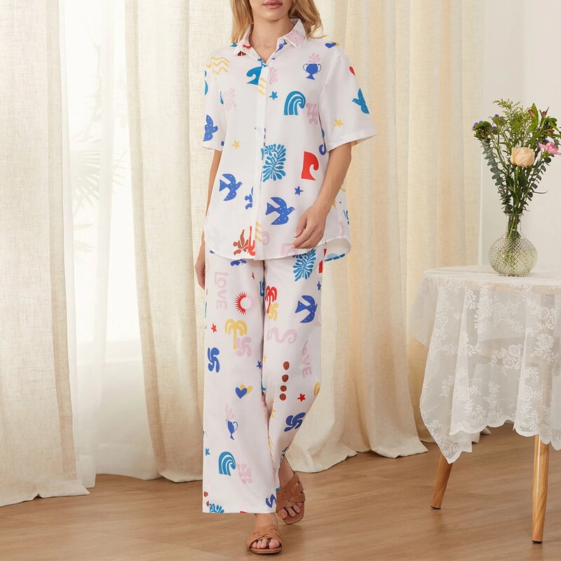 Damen Casual Pyjama Sets 2 Stück Outfits Kurzarm Cartoon Print Button Shirt Hosen Set Lounge wear