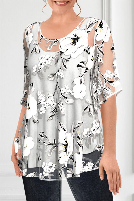 Flycurvy-Blusa de gasa negra transparente con estampado Floral, blusa de dos piezas, talla grande