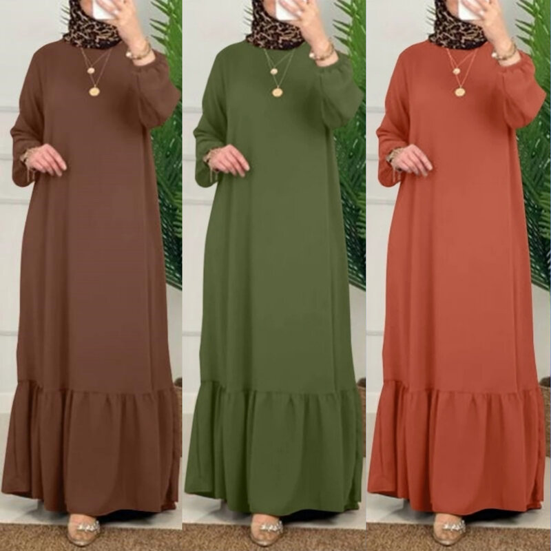 Maniche a sbuffo in tinta unita con volant abiti musulmani da donna prendisole da festa Vintage abito lungo a maniche lunghe di moda turchia Abaya