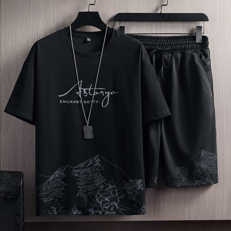 Men T-shirt Shorts Set Mountain Print O-Neck Short Sleeve T-shirt Loose Shorts Sports Suit Tracksuit Drawstring Casual Outfit