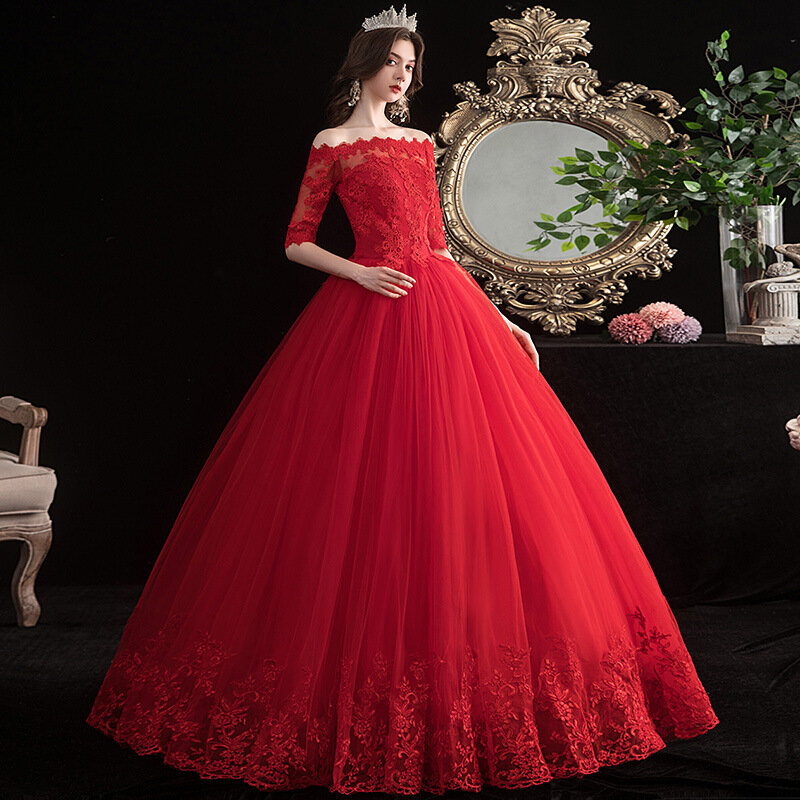 Czerwone suknie ślubne elegancki dekolt w łódkę Vestido De Noiva klasyczne koronki suknia z szlafrok Plus Size De Mariee 2023
