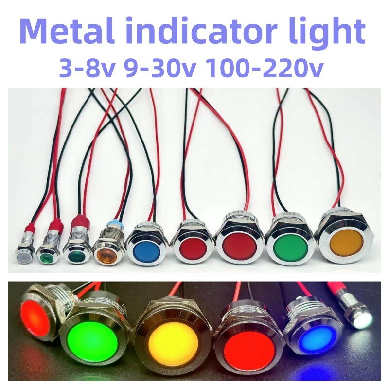 Lampu indikator logam LED, cahaya sinyal tahan air dengan kawat 3V 5V6V12V 24V 220V merah/kuning/biru/hijau/putih 6/8/10/12/16/19-22 MM