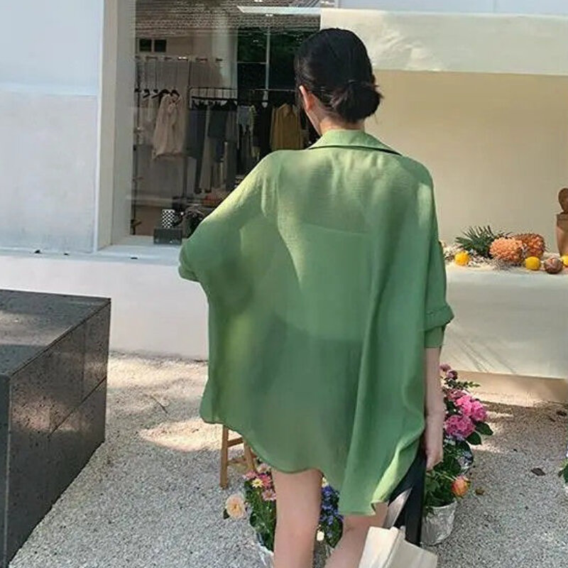 Puro camisas femininas baggy primavera verão sólido chique protetor solar all-match estilo coreano na moda streetwear casual faculdade harajuku y2k
