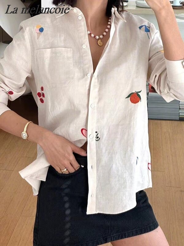 Embroidery Shirt For Women Spring 2024 New Long Sleeve Turndown Collar Cotton And Linen Shirts Fashion French Loose Blouse Tops