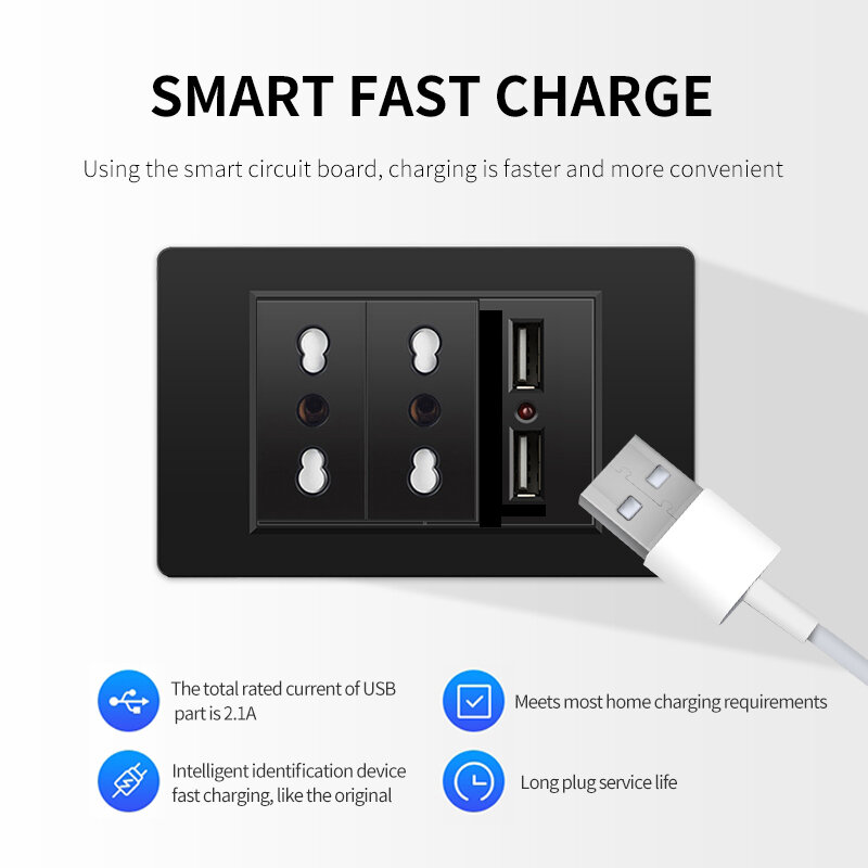 EU Italy Chile Wall Power Outlet Switch, Quick Charging with USB Type-c 5V 2100mA TV, Telephone, Computer Power Black PC panel