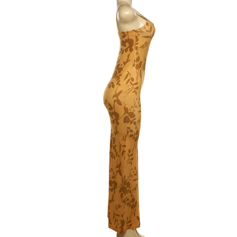 Женское летнее длинное платье-футляр с желтым принтом