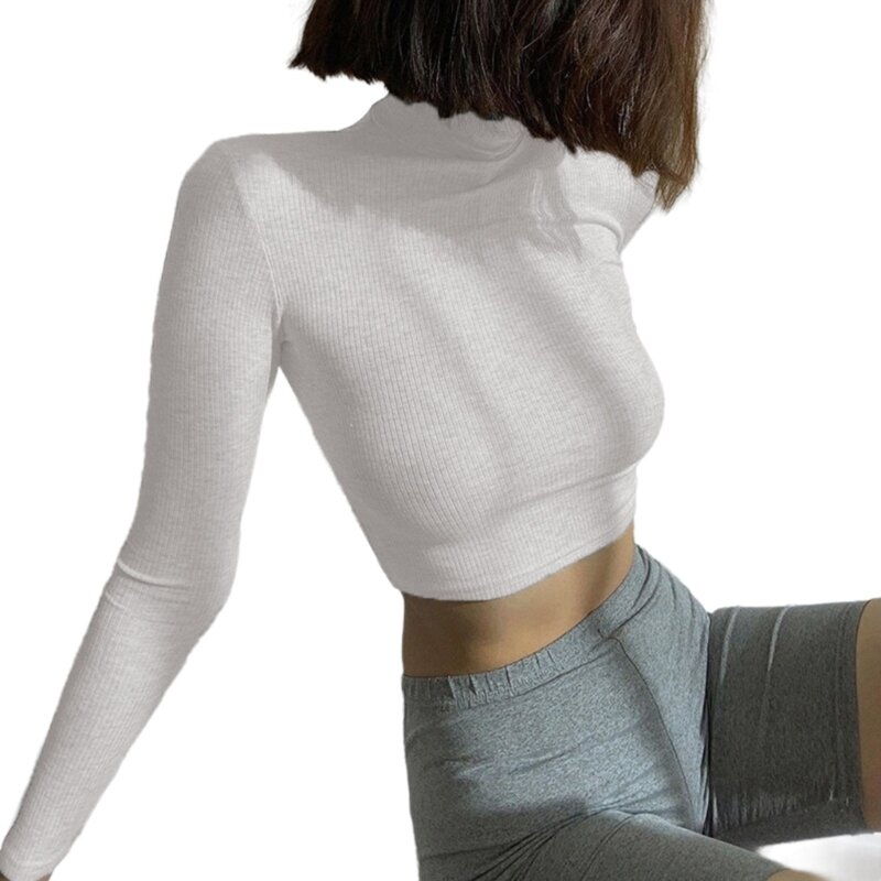Sweater Turtleneck Setengah Rajutan Bergaris untuk Wanita Dropship Atasan Crop Pullover Ramping Warna Solid
