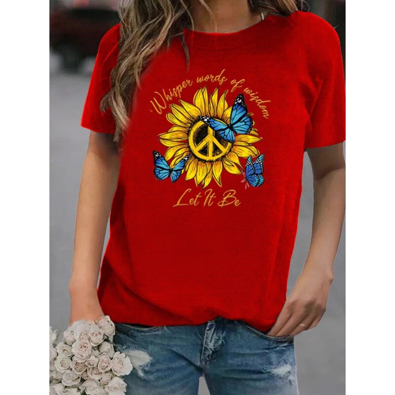 Bawełniana 100% jesienna Europa i Stany Zjednoczone luźna nadrukiem słonecznika z okrągłym dekoltem z krótkim rękawem damska koszulka Oversized T Shirt