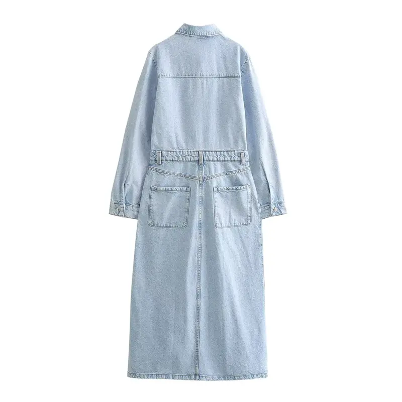 Vestido feminino de manga comprida denim de tecido Midi, Lapela, Decoração de Bolso, Retro, Chique, Casual, Moda, Novo, 2022