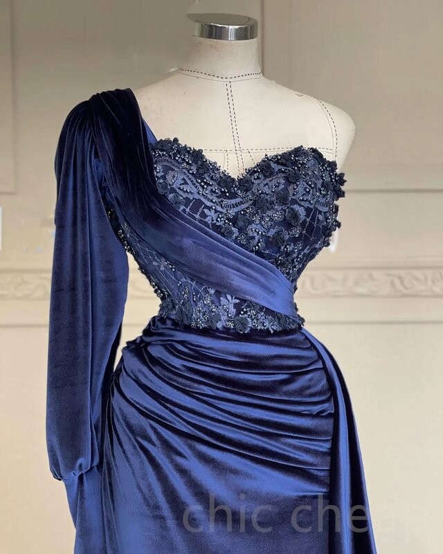 Niebieski afrykański amerykańska suknie balowe syrena długie rękawy aksamitne perły czarne dziewczyny nigeryjska suknia wieczorowa suknia wieczorowa