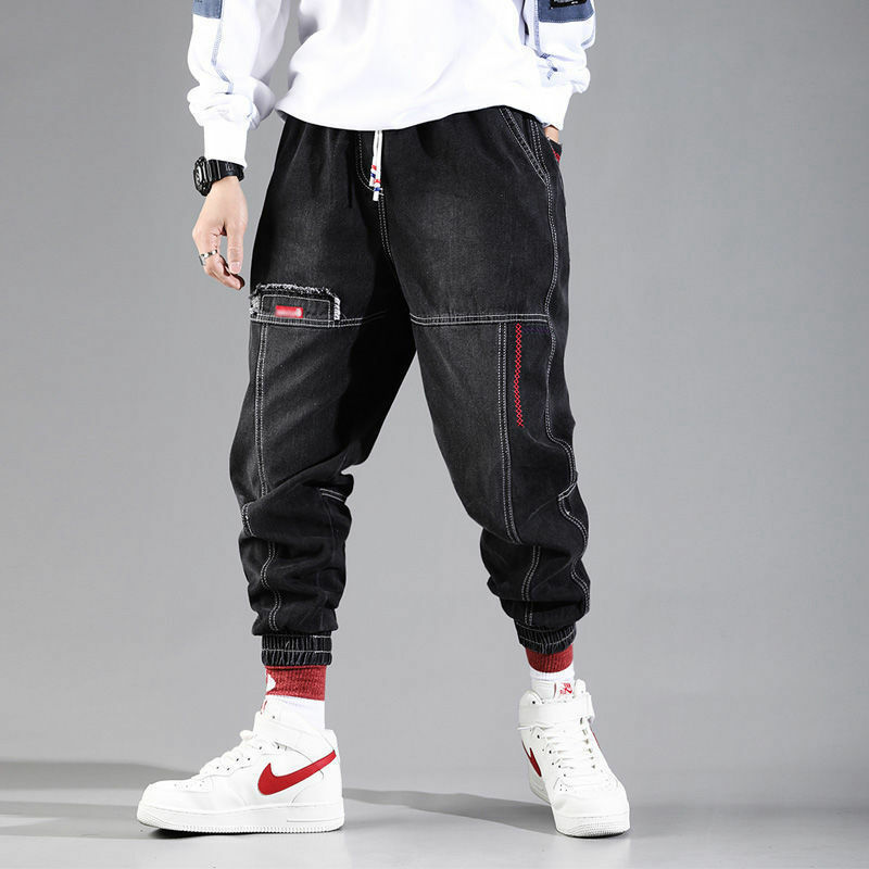 Męskie luźne jeansy elastyczne arlekiny do biegania jeansy sportowe codzienne spodnie Streetwear spodnie w stylu Hip Hop Plus rozmiar 5Xl