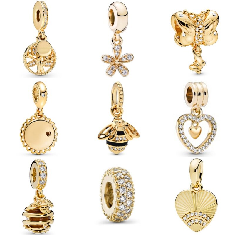 Abalorios de la serie de Color dorado, colgante de corazón de flor de diamante Chapado en plata 925, compatible con pulsera Pandora, collar, llavero, joyería artesanal