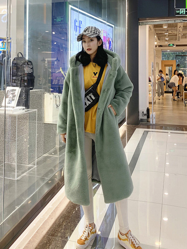 Thick Faux Fur Jacket Women Colorblock Autumn Winter Maxi Hooded Coat Long Warm Luxury Belt Fur Parkas Bontjas Furry Outerwear