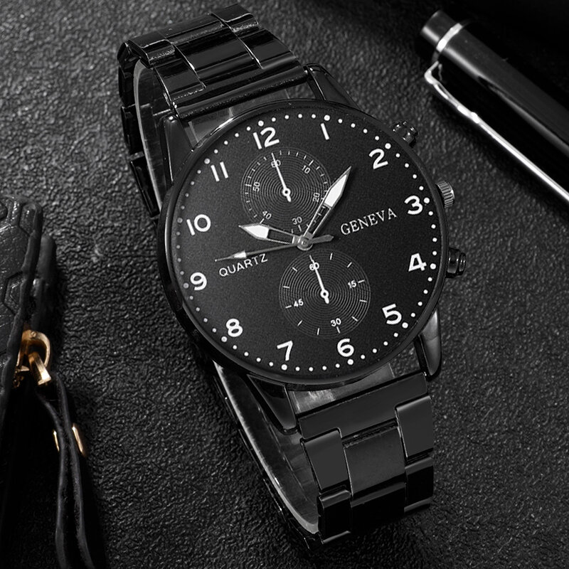 Jam tangan bisnis pria, 3 buah Set Fashion kasual gelang hitam kalung baja nirkarat kuarsa