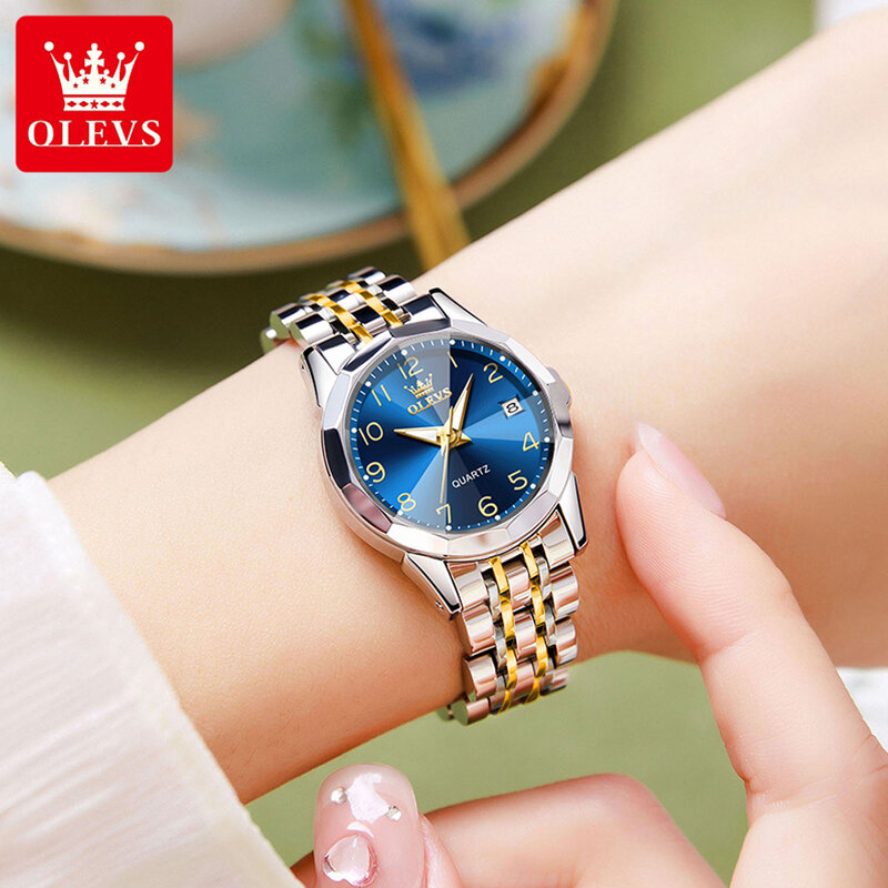 OLEVS Original Quartz Watch for Couple Luxury Rhombus Mirror Design Stainless Couple Watches Date Week Luminous Wristwatches Set