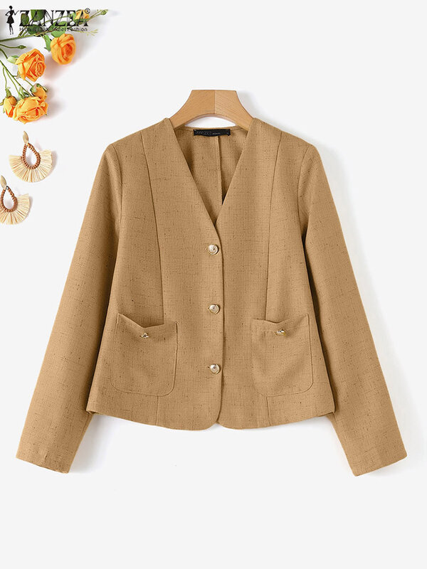 ZANZEA-blazer feminino de manga comprida, blusa com botões embaixo, ternos monocromáticos de trabalho, elegante e casual, gola V, casacos femininos elegantes, primavera