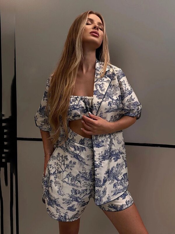 Marthaqiqi-Conjunto de pijama con estampado de 3 piezas para mujer, camiseta sin mangas Sexy, ropa de dormir de media manga con cuello vuelto, pantalones cortos