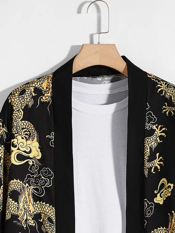 Heren Drakenprint Kimono Japanse Lange Mouw Losse Comfortabele Yukata Japanse Kleding Haori Vest