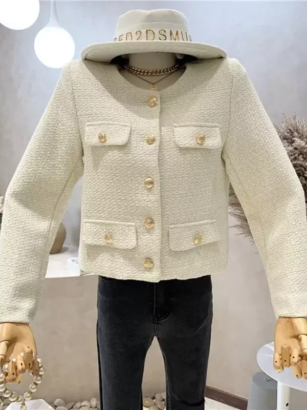Chaqueta pequeña de Tweed para mujer, abrigo corto de lana Vintage, ropa de calle elegante e informal, Top corto ajustado, Otoño e Invierno