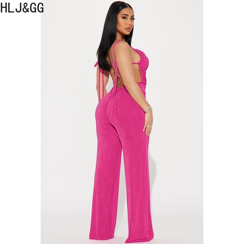 HLJ&GG Casual Solid Color Ruched Bandage Suspenders Jumpsuits Women Sleeveless Backless Wide Leg Pants One Piece Playsuits 2024