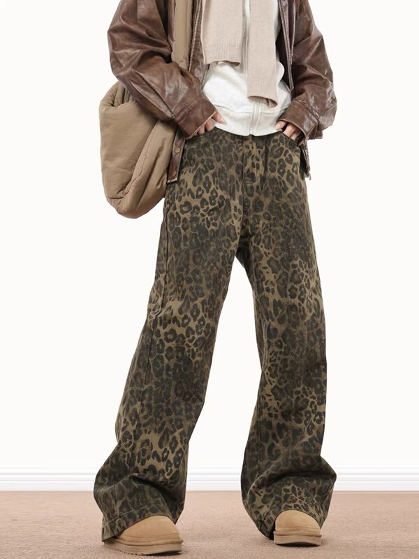 Y2k Retro Punk Baggy Jeans Multi Pocket Leopard Print Cargo Pants Women Slouchy Hip Hop Straight Wide Leg Pants Streetwear